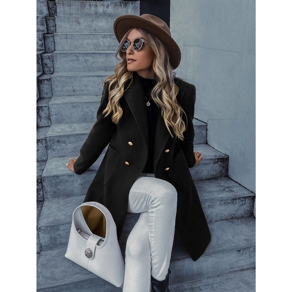 Lapel Collar Double Breasted gold button Overcoat pea coat black - Picture 1 of 11